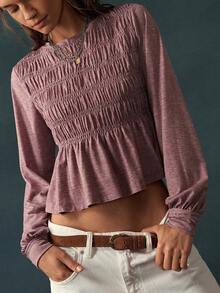 Bohemela Women's Solid Color Round Neck Long Sleeve Ruched Casual T-Shirt - Purple - View 4