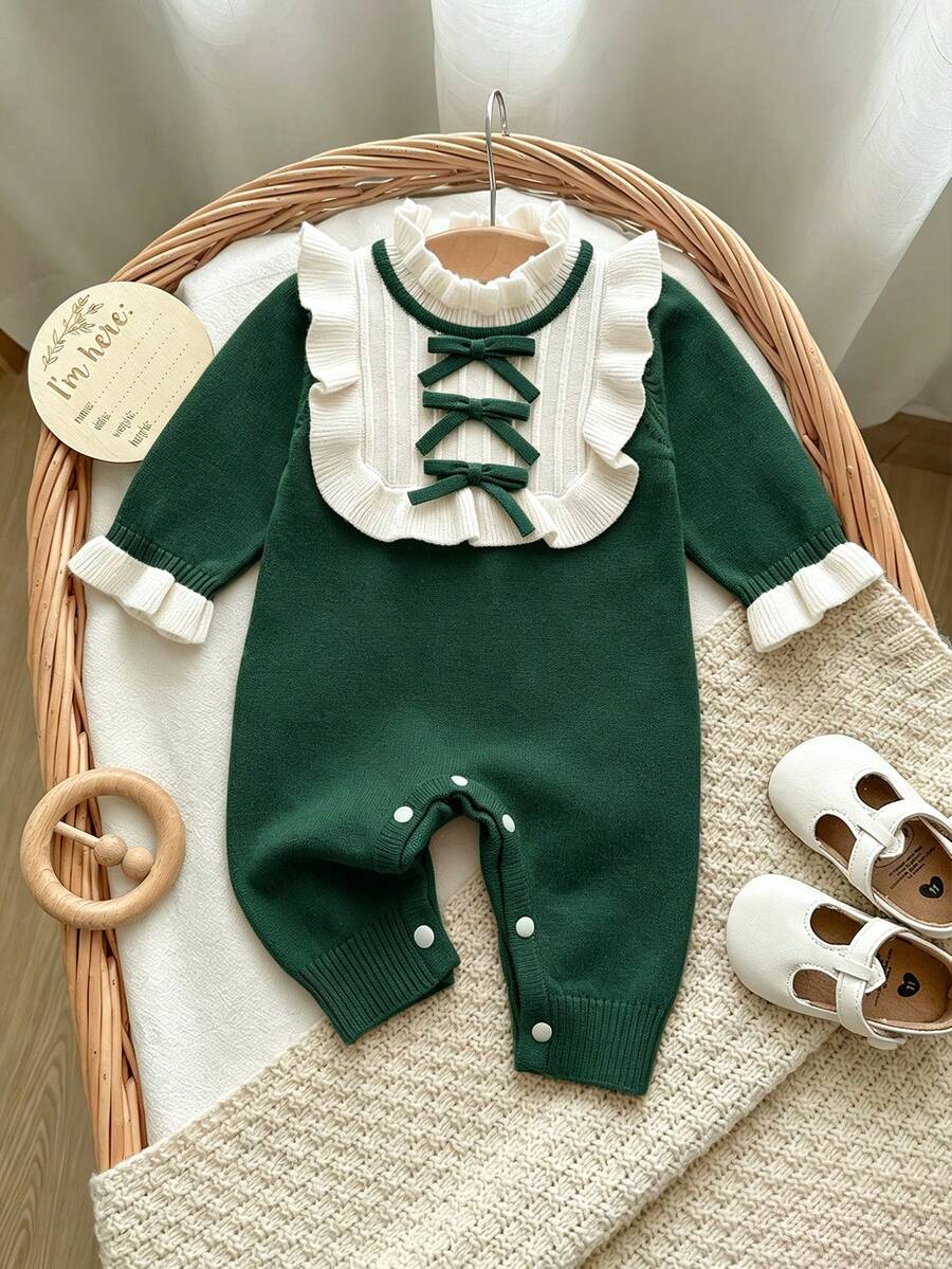 SHEIN 女嬰時尚百搭針織連身褲,附蝴蝶結與蕾絲飾邊,秋冬款 - 墨綠色 - 查看 1