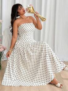 GalTyme Plus Size Polka Dot Print Strapless Casual Dress For Women - White - View 5