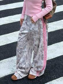 SHEIN Pantalones de chándal con cordón y estampado de hojas gris para niñas preadolescentes - Gris - Ver 1