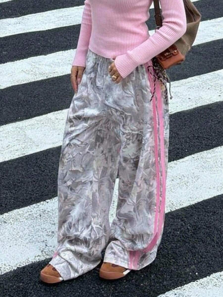 SHEIN Pantalones de chándal con cordón y estampado de hojas gris para niñas preadolescentes - Gris - Ver 1