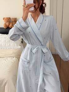 Napfluff Casual Striped Star All-Over Print Lapel Long Sleeve Pocket Design Women's Long Robe - Multicolor - View 8