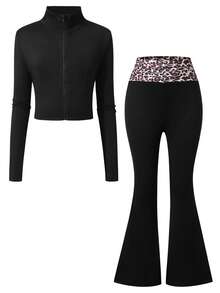 SHEIN Elladie kids Mädchen 2-teiliges lässiges minimalistisches Set, Herbstoutfits, Herbst, schwarze Milchseidenstoff figurbetonende Reißverschlussjacke und elastische Taille schmal geschnittene Leopardenmuster Schlaghose - Schwarz - Übersicht 5