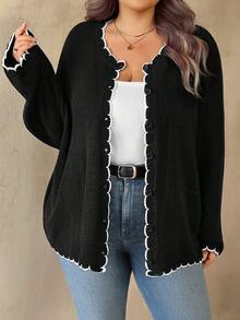 SHEIN CURVE+ 秋冬休閒優雅拼色飾邊大尺碼女款開襟衫 辦公黑色 - 黑與白 - 查看 6