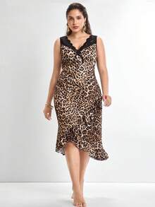 Slumbrini Plus Size Women Sexy Deep V Lace Patchwork Leopard Print Ruffle Hem Nightgown - Multicolor - View 3