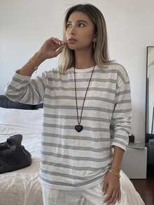 DAZY Striped Loose Drop Shoulder Long Sleeve Round Neck Women Casual T-Shirt - Blue and White - View 2