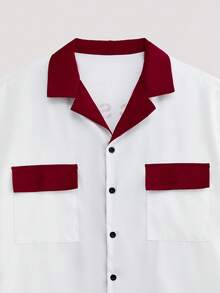 Whitmere Men's Red & White Contrast Pattern Shirt, College Style Letter Print Short Sleeve Button-Down Shirt, Retro Sporty Loose Fit Top - Multicolor - View 7