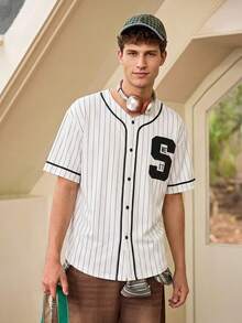 Whitmere Men's Black & White Striped Baseball Jacket, Minimalist Slim Fit Short Sleeve Top, Breathable Pleated Fabric, Loose Square Collar - Multicolor - View 2