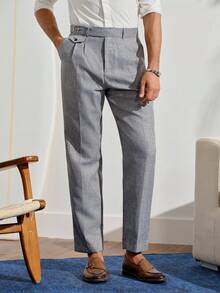 VeloEdit Men's Fashionable Solid Colored Pleated Formal Pants Formal, CeremonyFall Winter Business Commute‌ Old Money - Grey - View 6