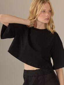 KÆRIA Hus Cropped High Neck Cape Sleeve Tee - 100 Cotton Jersey - Black - Modern, Clean Lines, Easy Styling, Everyday Daytime, Autumn, Minimalist, Basic - Black - View 6