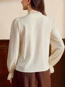 Vintamour Women's Elegant Commute Floral Embroidered Lace Trim Blouse Elegant Back To School Blouse For Women Fall/Winter Elegant Business Work Blouse For Women - Beige - View 8