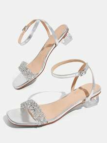 CUCCOO TILAWA Women's Fashion Crystal Glass Rhinestone Decorated High Heel Sandals For Outdoor Events And Parties, Spring Shoes, Spring Break Easter Prom Heels - Bright silver - View 7