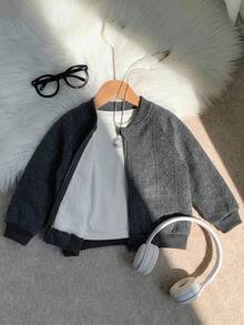 SHEIN Abyboy 嬰兒女童灰色秋冬可愛百搭極簡純色紋理布料夾克外套，適合秋冬穿著 - 藏蓝色 - 查看 3
