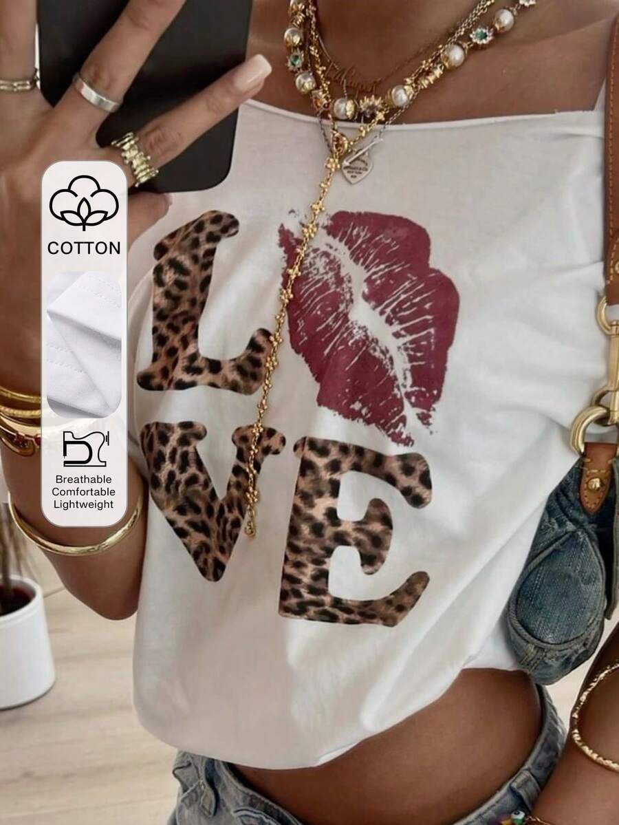 DAZY Spring Summer Loose Casual Style Vacation Valentine's Day Beach Sand Leopard Print Women's T-Shirt - White - View 1