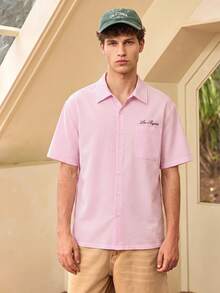 Whitmere Men's Summer Casual Solid Color Printed Short Sleeve Shirt, Tropical Beach Shirt For Vacation - Pink - View 1