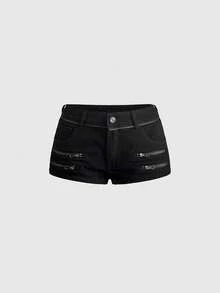 ACID BLVD Summer/Spring Y2K Millennium Style Rock Back Pocket Rhinestone Gradient Zipper Decor Ultra Low Waist Skinny Denim Shorts - Grey - View 2