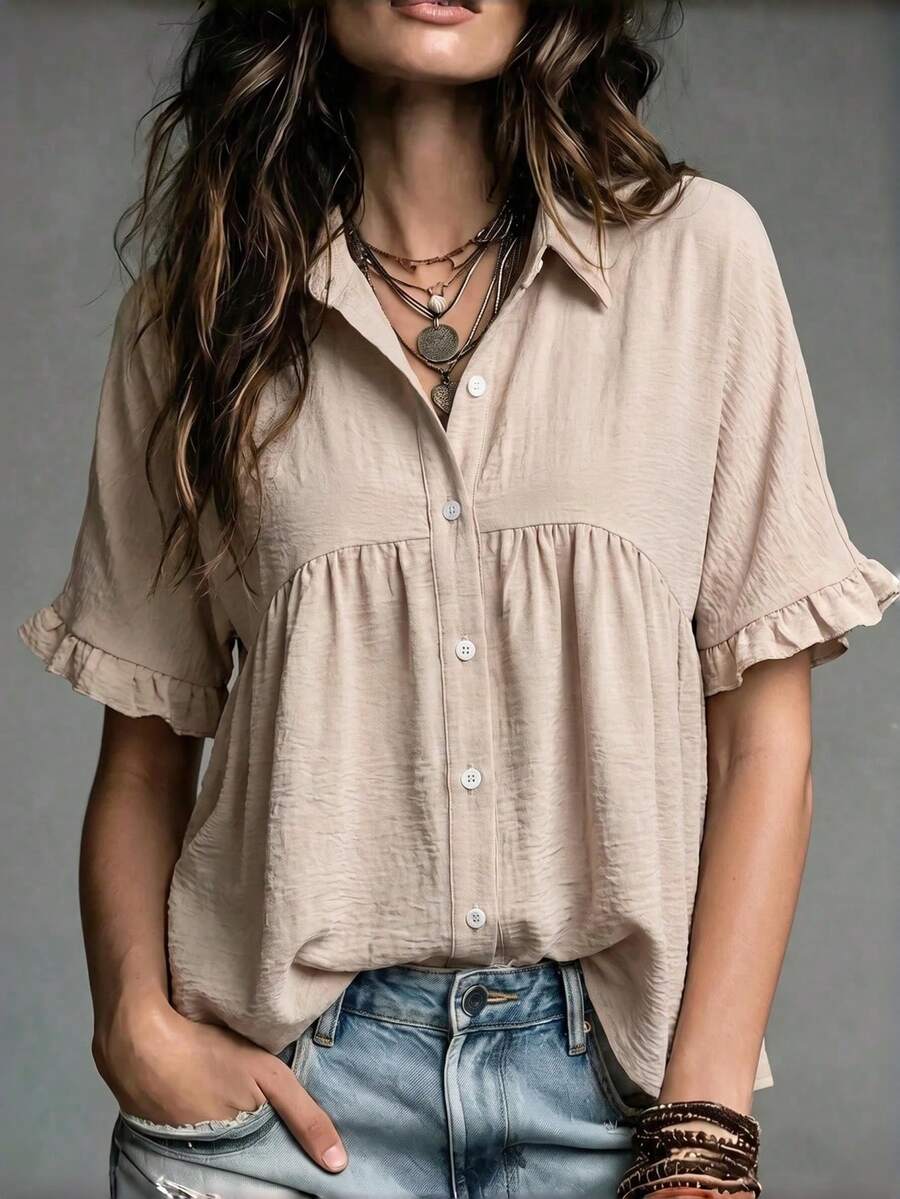SHEIN Holidaya 女士荷叶边娃娃衫女式衬衫 - 卡其色 - 查看 1