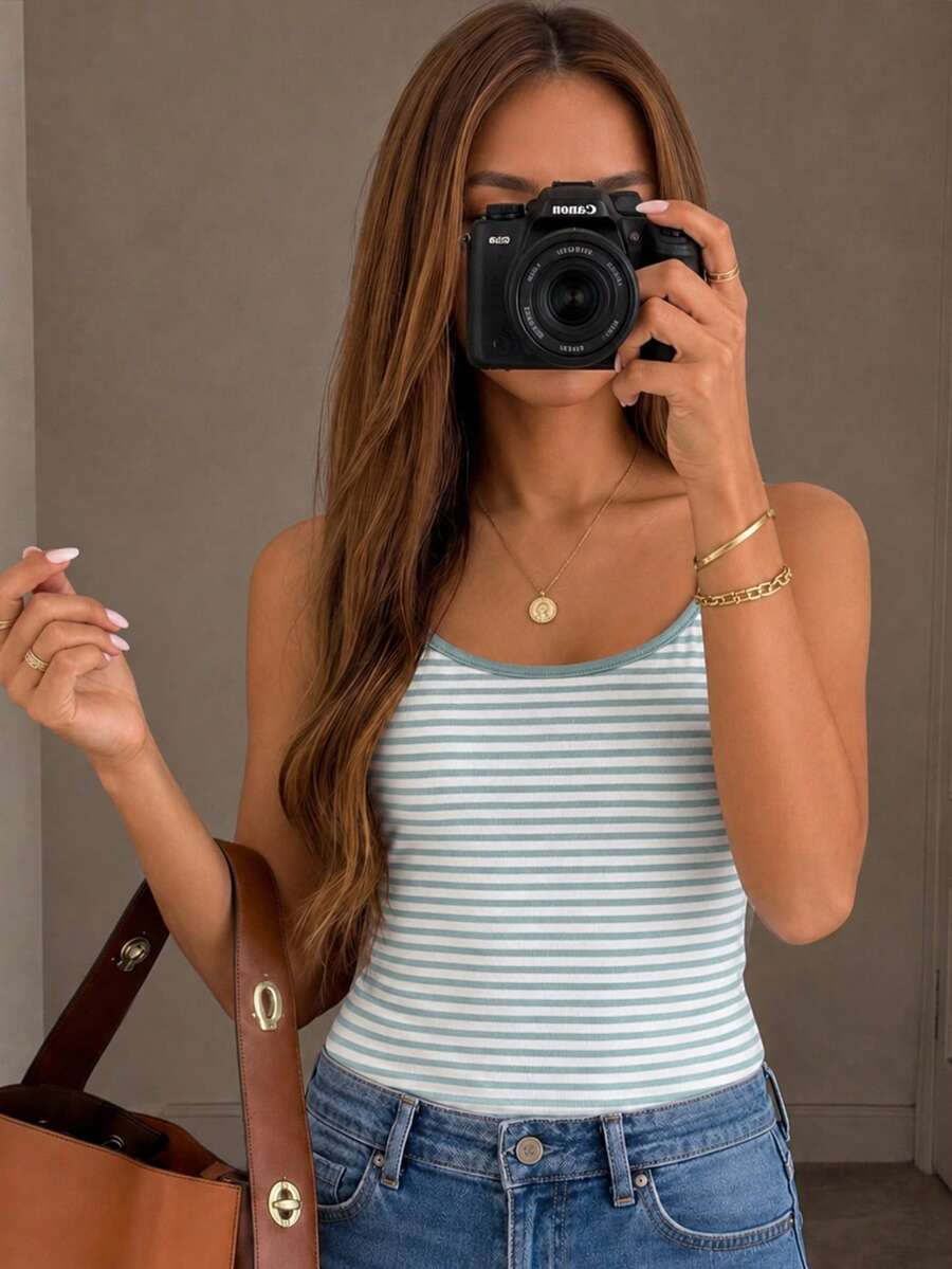 ملابس علوية تانك بحمالات رفيعة ضيقة بتصميم بسيط وكاجوال للفتيات المراهقات، توب صيفي - متعدد الألوان - مشاهدة 1