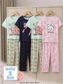 SHEIN Tween Girl Cartoon Print Short Sleeve Top & Long Pants Pajama Set - Green - View 6
