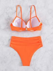 SHEIN Swim Women Summer Beach Solid Push Up Underwire Bikini Set Bathing Suit - Orange - View 4