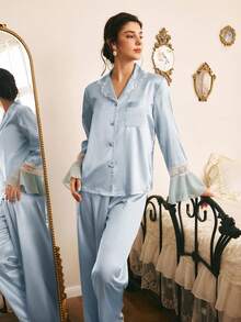 Côtesoire Women's Contrast Lace Bell Sleeve Single-Breasted Top And Long Pants Elegant Pajama Set - Baby Blue - View 4
