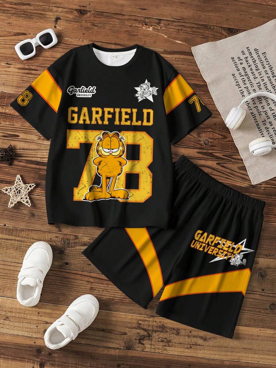 GARFIELD | SHEIN Tween Boy Cartoon Letter & Number Print T-Shirt And Shorts Set - White - View 1