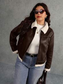 Elaquor Plus Size Women's Colorblock Zipper PU Leather Casual Versatile Everyday Long Sleeve Jacket Winter - Coffee Brown - View 3