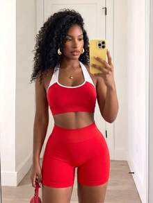 SHEIN Core Rhythm Shorts deportivos sin costuras con rayas laterales y efecto levantador de glúteos para mujer - Rojo - Ver 3