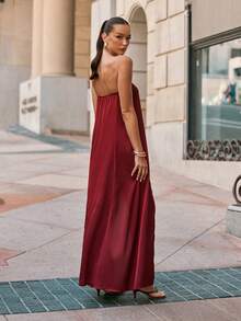L'Amorae Summer Elegant Solid Color Asymmetrical Hem Bandeau Top, Fall, Autumn, Summer, Elegant, Party Outfits, Fashionable Tops, Chic Women's Shirt, Christmas - Burgundy - View 4