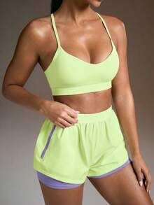 Powerista Women's Solid Color Halter Top And Shorts Casual Daily Sports Set - Yellow - View 6