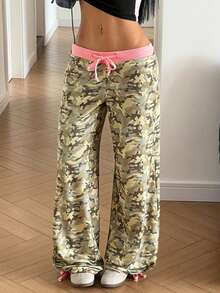 StreetHx Sweet & Cool Hot Girl Low Waist Contrast Color Tie Waist Camo Waffle Knit Long Pants - Army Green - View 4