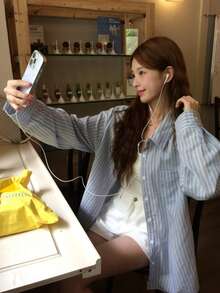 DAZY 女款條紋單排扣休閒日常穿著襯衫 - 藍色 - 查看 7