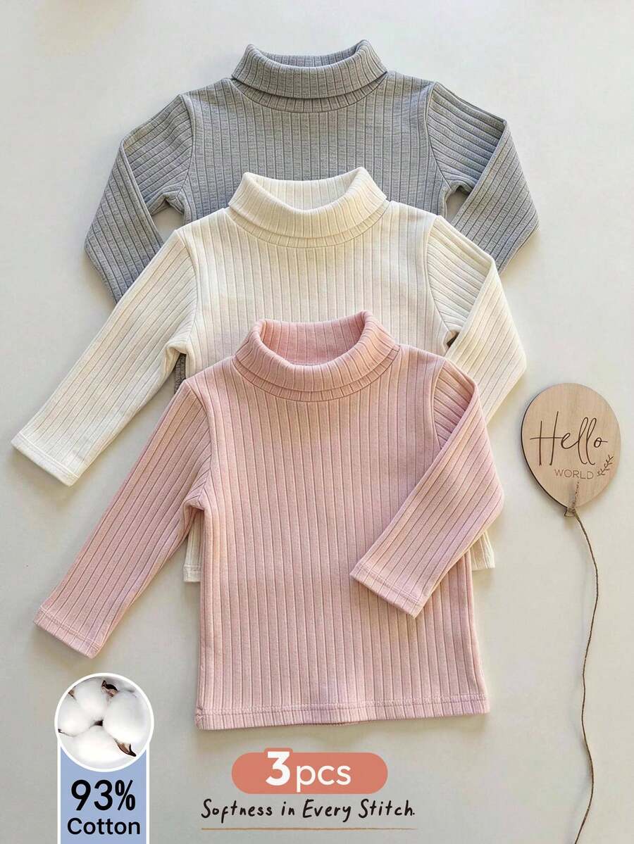 Cozy Pixies Baby Girl Casual Elastic Comfortable High Neck Base Layer Top, 3 PiecesSet, Soft And Versatile For Autumn/Winter - Multicolor - View 1