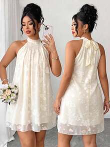 SHEIN Clasi Plus Size Chiffon Jacquard 3D Embroidered Fabric High Neck Sleeveless Asymmetrical Patchwork Ruched Umbrella Hem Doll Style Knee Length Dress Elegant For Outing Date Party Gathering Vacation - Apricot - View 3