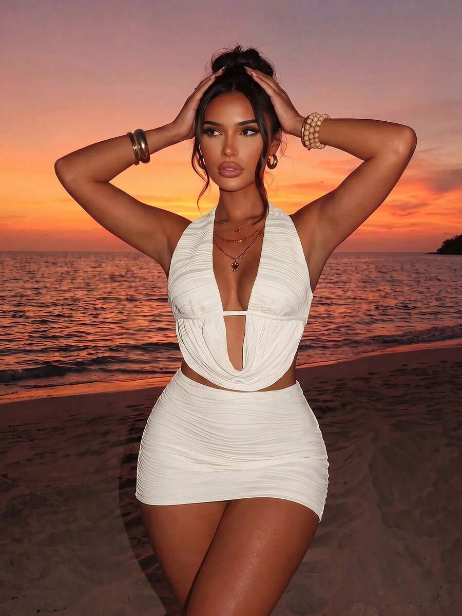 Sirith Setelan Seksi 2 Potong Wanita Warna Polos, Atasan Halter Leher Kerah dan Rok Bodycon untuk Liburan - Aprikot - View 1
