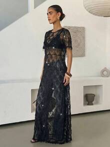 Lavishia 女款優雅性感亮片流蘇長洋裝，適合時尚派對之夜、女性夜店晚裝、單身派對 - 黑色 - 查看 6
