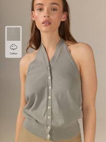 KÆRIA Hus Detailed Button Front Open Back Halter Knit Top - Fine Gauge 100 Cotton - Sage Green - Versatile Date Brunch City Break Daily Summer Casual French - Grey - View 1