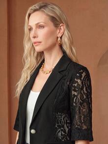 Daynim Sheer Black Blazer Jacket For Women, Lightweight Summer Casual Office Top, Short Petite 3/4 Sleeve Suit Spring - Black - View 4