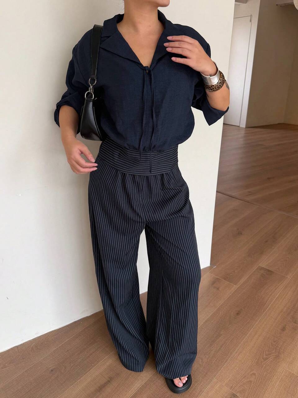 Women's Winter Casual Navy Blue Patchwork Shirt Pants 2 Pieces Set Teachers' Day Office Fall