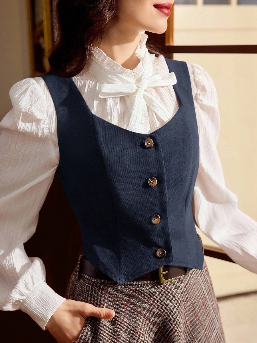 Vintamour 女款素色單排扣時尚百搭背心 - 藏蓝色 - 查看 1