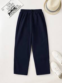 SHEIN Tween Boy Casual Woven Solid Color Long Pants, Suitable For Spring, Summer, Autumn, Winter, Casual, Outdoor Sports, School Occasions - Navy Blue - View 2