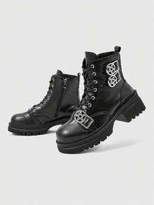 ROMWE Grunge Punk 女款 Diablo 龐克哥德風綁帶蝙蝠機車靴，厚底增高騎行靴，金屬鏈條過膝靴，踝靴 - 皮帶扣黑色 - 查看 5