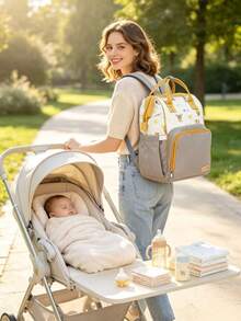 Cozy Pixies 1pc New Bear Decor Diaper Bag, Large Capacity Diaper Backpack, Multi-Functional Maternity & Baby Storage Bag - Khaki - View 4