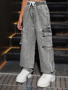 SHEIN Explorewe 青少年女孩拼色大胆运动校园风牛仔铅笔裤 - 灰色 - 查看 3
