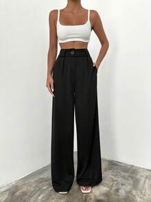 Wovencharm Wovencharm Solid High Waist Wide Leg Suit Pants - Black - View 5
