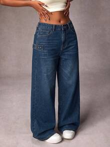 Rivivi Plus Size Women's Pocket Wide Leg Loose Casual Denim Jeans - Blue - View 3