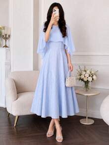 Modelyn Women's Dress, Elegant Textured Fabric Dress Cape Sleeve High Waist A Line Midi Dress For Women Summer Party Date Going Out Wedding Guest Graduation - Sky Blue - View 4