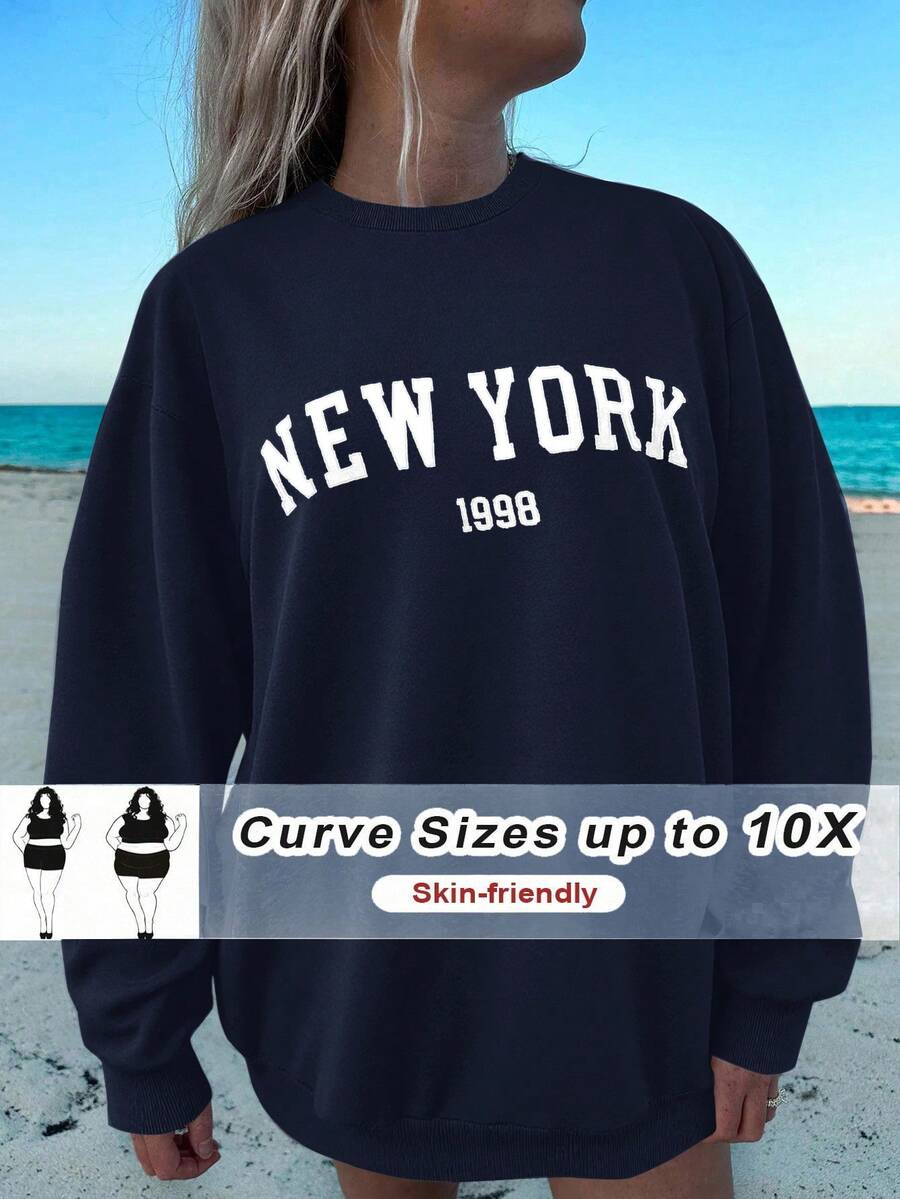 SHEIN CURVE+ 大尺碼休閒寬鬆紐約圖案圓領長袖女款衛衣,秋冬款 - 藏蓝色 - 查看 1
