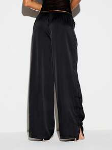 KIZN Frog Clasp Detail Satin Wide Leg Jogger Pants With Drawstring Waist And Side Split Hem - Black - View 4