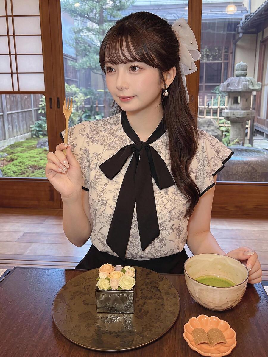Bijouette 大尺碼女款時尚休閒優雅浪漫度假日常下午茶早晨約會之夜蝴蝶結印花襯衫 白色夏季 - 黑與白 - 查看 1